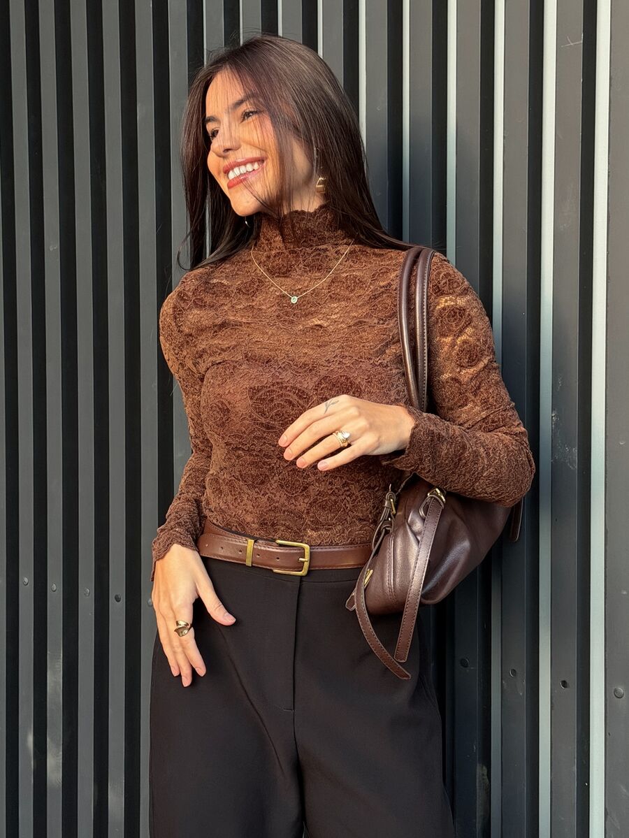 Yohana Edit Women's Elegant Brown Hollow Rose Lace Fitted Turtleneck Top,Stylish Autumn Dining Ruffle Hem Casual Chic Formal For Winter,New Year,Parties,Work - Coffee Brown - View 1