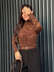 Yohana Edit Women's Elegant Brown Hollow Rose Lace Fitted Turtleneck Top,Stylish Autumn Dining Ruffle Hem Casual Chic Formal For Winter,New Year,Parties,Work - Coffee Brown - View 4