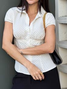 Yohana Edit Women's Fitted Polka Dot Print Collared Short Sleeve Shirt White Summer - White - View 5