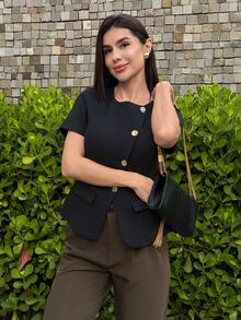 Yohana Edit Kemeja Kasual Musim Panas Wanita Tenun Gaya Prancis Warna Hitam - Hitam - View 5