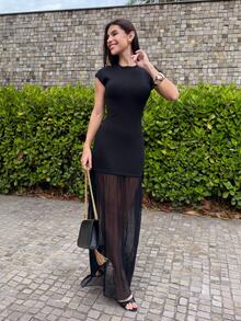 Yohana Edit 女士优雅简约时尚通勤休闲圆领紧身网纱透视下摆黑色毛衣连衣裙，适合春夏穿着 - 黑色 - 查看 4