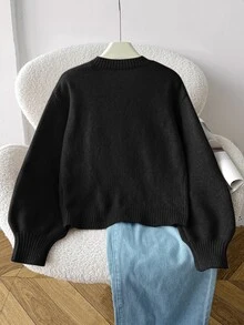 SHEIN 青少年女孩寬鬆休閒極簡舒適圓領長袖蝴蝶結串珠開襟衫，秋季返校季 - 黑色 - 查看 2