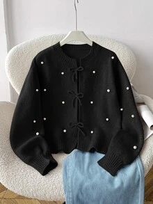 SHEIN 青少年女孩寬鬆休閒極簡舒適圓領長袖蝴蝶結串珠開襟衫，秋季返校季 - 黑色 - 查看 7