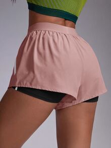Powerista Women's Letter Print Zipper Pocket Double Layer Sports Shorts - Dusty Pink - View 2