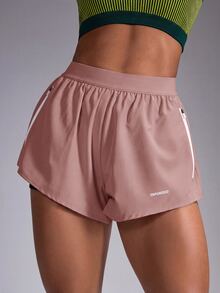 Powerista Women's Letter Print Zipper Pocket Double Layer Sports Shorts - Dusty Pink - View 7