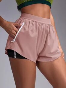 Powerista Women's Letter Print Zipper Pocket Double Layer Sports Shorts - Dusty Pink - View 1