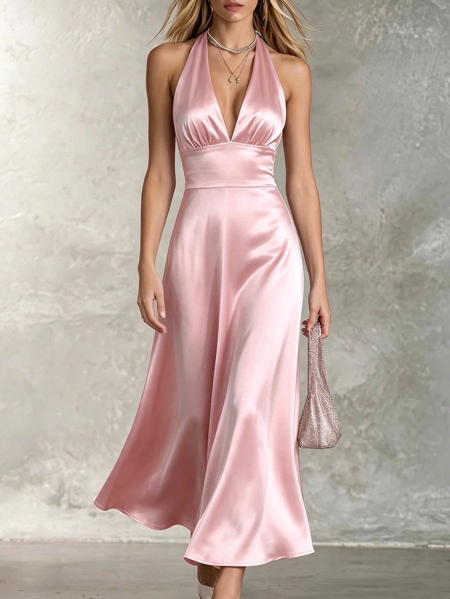 CHARMVALE A Romantic And Sexy Pink Satin Midi Dress With A Halter Neck-Perfect For Dates, Vacations, And Every - Pink - View 1