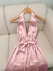CHARMVALE A Romantic And Sexy Pink Satin Midi Dress With A Halter Neck-Perfect For Dates, Vacations, And Every - Pink - View 4