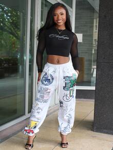 Steph T Rhinestone Letter Pattern Contrast Mesh Black CropTee Casual - Black - View 5