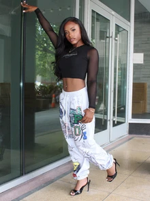 Steph T Rhinestone Letter Pattern Contrast Mesh Black CropTee Casual - Black - View 3
