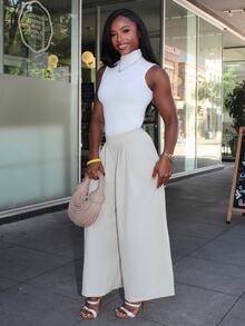 Steph T Atasan Tank Top Wanita Tanpa Lengan Model Bodycon dengan Leher Tinggi, Kasual - Putih - View 4