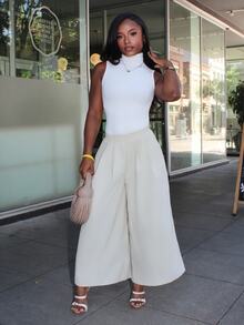 Steph T Atasan Tank Top Wanita Tanpa Lengan Model Bodycon dengan Leher Tinggi, Kasual - Putih - View 5