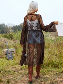 SHEIN VCAY 蕾絲前開襟和服式罩衫，不含棕色細肩帶背心，夏季女款度假波希米亞風泳裝外罩 - 棕色 - 查看 2