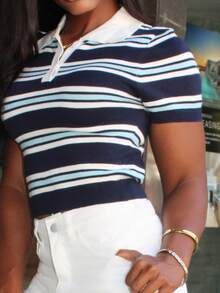 Steph T Striped Knit Top For Women Y2k Decent Nautical Retro Cute Summer Pinterest - Navy Blue - View 4