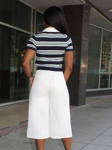 Steph T Striped Knit Top For Women Y2k Decent Nautical Retro Cute Summer Pinterest - Navy Blue - View 2
