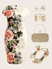 Gownix Plus Size Fashion Elegant Placement Printed Fitted Knee Length Dress - Multicolor - View 1