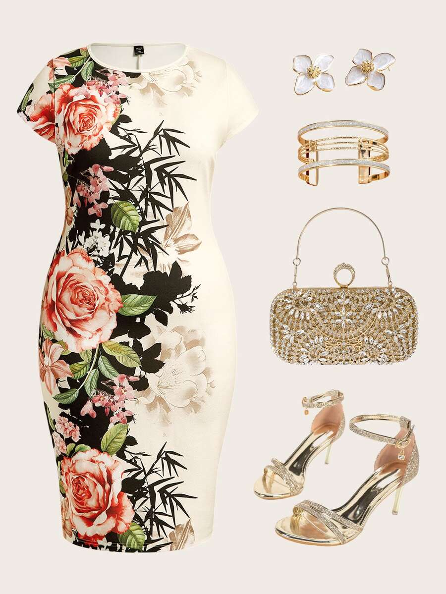 Gownix Plus Size Fashion Elegant Placement Printed Fitted Knee Length Dress - Multicolor - View 1