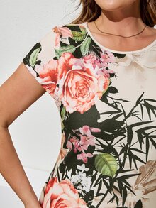 Gownix Plus Size Fashion Elegant Placement Printed Fitted Knee Length Dress - Multicolor - View 3