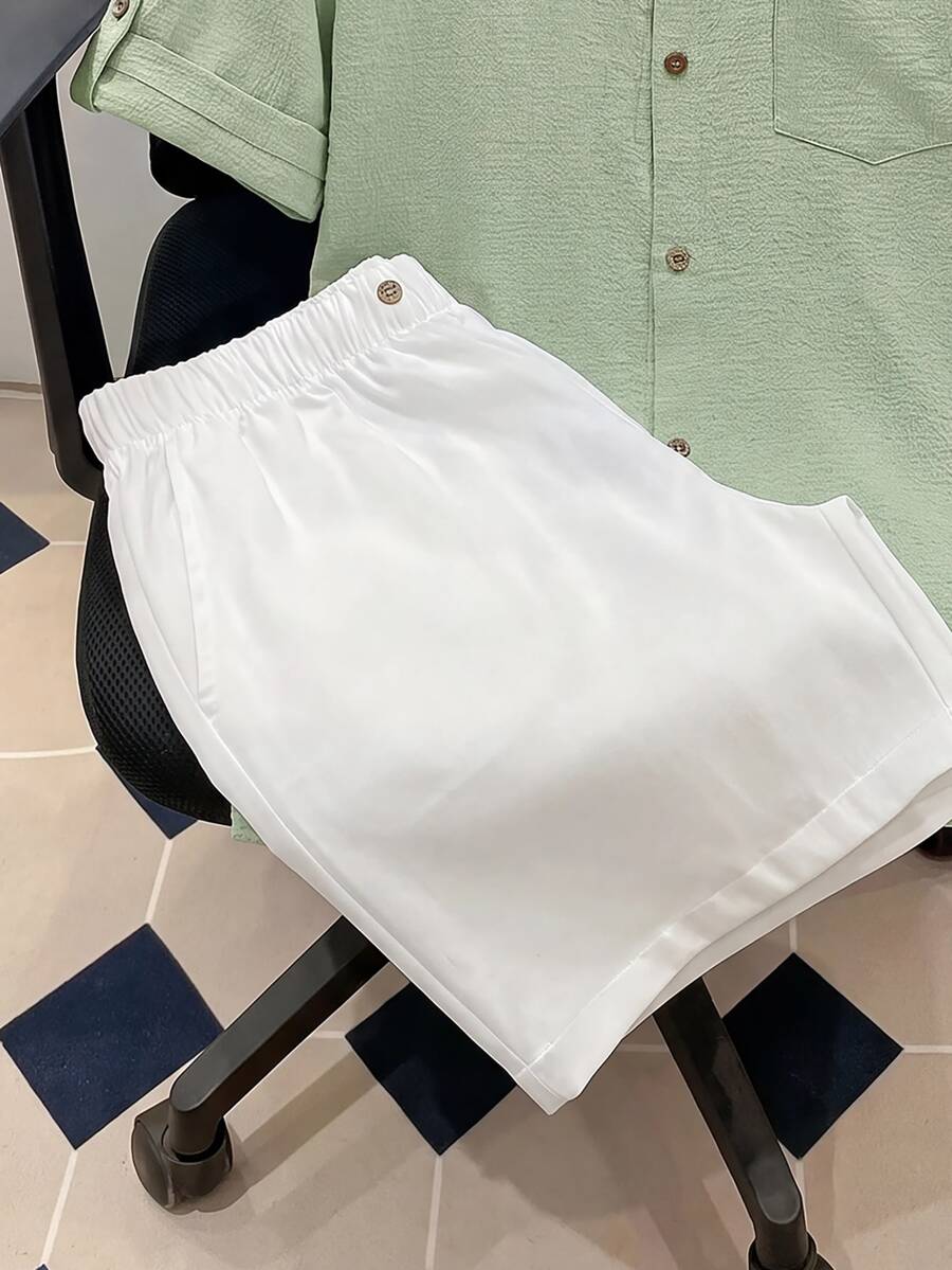SHEIN Teen Boy Casual Comfortable Textured Wave Stripe Short Sleeve Shirt And Shorts Set, Spring/Summer - Mint Green - View 1
