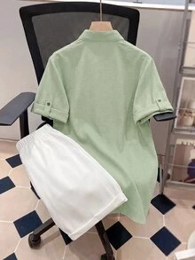 SHEIN Teen Boy Casual Comfortable Textured Wave Stripe Short Sleeve Shirt And Shorts Set, Spring/Summer - Mint Green - View 2