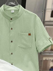 SHEIN Teen Boy Casual Comfortable Textured Wave Stripe Short Sleeve Shirt And Shorts Set, Spring/Summer - Mint Green - View 3