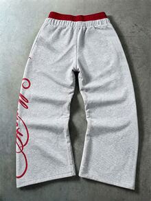 PAVTROS Men's Double Waistband Contrast Color Letter Print Pocket Drawstring Sweatpants - Grey - View 2
