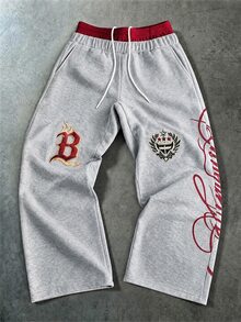 PAVTROS Men's Double Waistband Contrast Color Letter Print Pocket Drawstring Sweatpants - Grey - View 3