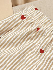 SHEIN Elladie kids 2件組基礎休閒懶人純色套裝，圓領短袖T恤搭配條紋布料直筒長褲，適合日常出遊與多種場合，春夏四季兒童舒適日常夏日穿搭 - 杏色 - 查看 6