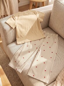 SHEIN Elladie kids 2件組基礎休閒懶人純色套裝，圓領短袖T恤搭配條紋布料直筒長褲，適合日常出遊與多種場合，春夏四季兒童舒適日常夏日穿搭 - 杏色 - 查看 3