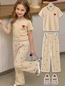 SHEIN Elladie kids 2件組基礎休閒懶人純色套裝，圓領短袖T恤搭配條紋布料直筒長褲，適合日常出遊與多種場合，春夏四季兒童舒適日常夏日穿搭 - 杏色 - 查看 7