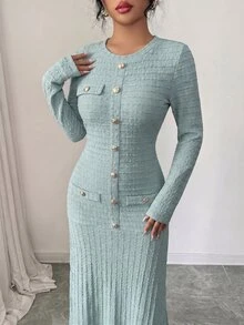 Modelyn 秋季優雅長版橢圓領藍色洋裝，適合冬季外出，適用於女性派對、約會之夜、特殊場合與晚間活動 - 藍色 - 查看 3