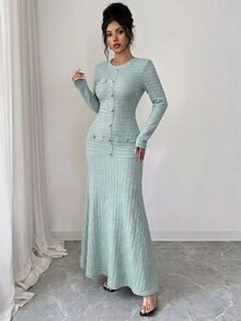 Modelyn 秋季優雅長版橢圓領藍色洋裝，適合冬季外出，適用於女性派對、約會之夜、特殊場合與晚間活動 - 藍色 - 查看 5