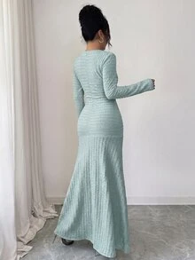 Modelyn 秋季優雅長版橢圓領藍色洋裝，適合冬季外出，適用於女性派對、約會之夜、特殊場合與晚間活動 - 藍色 - 查看 7