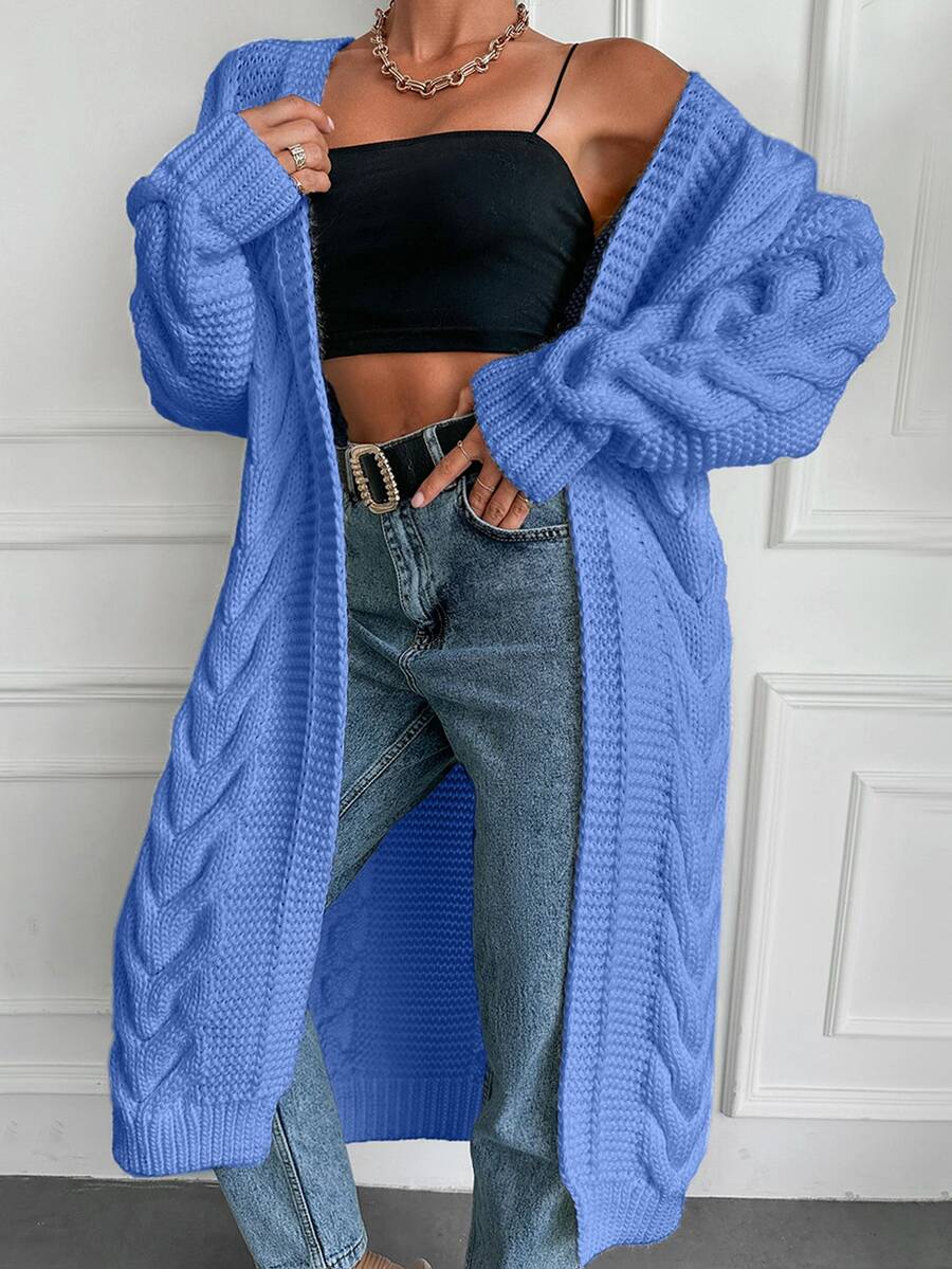 EURMUSE Solid Color Cable Knitted Cardigan - Dusty Blue - View 1