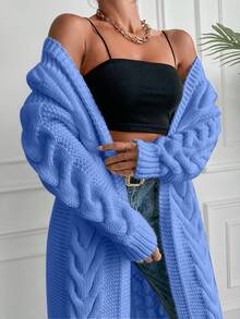 EURMUSE Solid Color Cable Knitted Cardigan - Dusty Blue - View 4