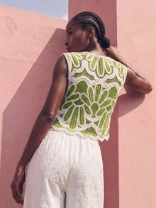 Maija 女款對比色鏤空前扣無袖休閒熱帶風歐式波希米亞針織上衣 - 綠色 - 查看 4