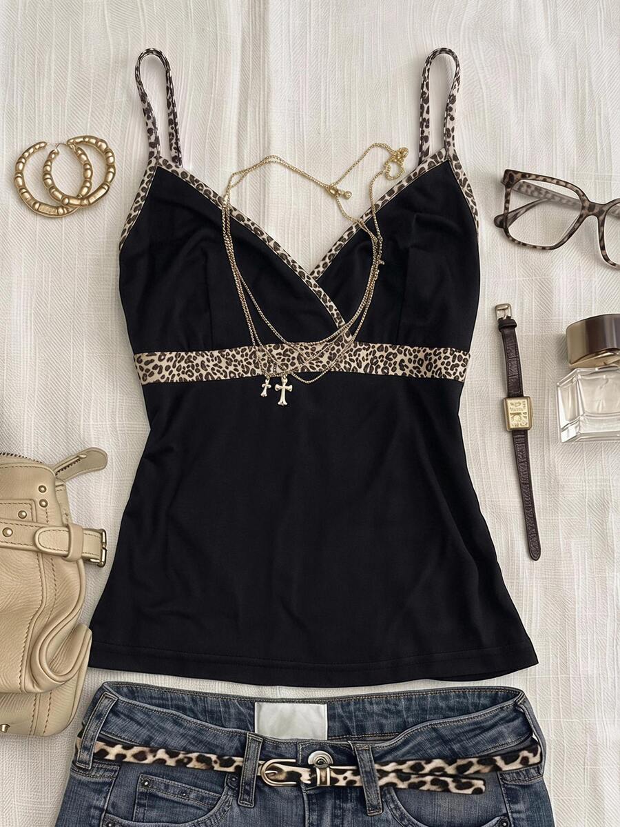SHEIN Teen Girl Fashionable Versatile Leopard Print Patchwork Camisole - Black - View 1