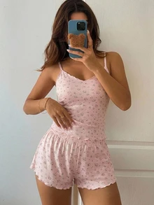 DAZY 2件組甜美碎花印花無袖修身細肩帶上衣 & 寬鬆短版睡褲 夏季女款睡衣套裝 - 粉色 - 查看 5