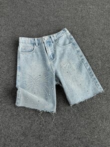 青少年男孩時尚休閒閃亮亮片復古水洗藍寬鬆牛仔短褲 - 藍色 - 查看 4