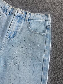 青少年男孩時尚休閒閃亮亮片復古水洗藍寬鬆牛仔短褲 - 藍色 - 查看 6