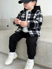 2 piezas/Set Chaqueta con capucha de manga larga de felpa a cuadros & Pantalones de chándal para niños, Tela suave & cómoda, & Estilo versátil, Adecuado para ropa de calle, uso casual al aire libre, uso diario en primavera & otoño - Blanco y Negro - Ver 1