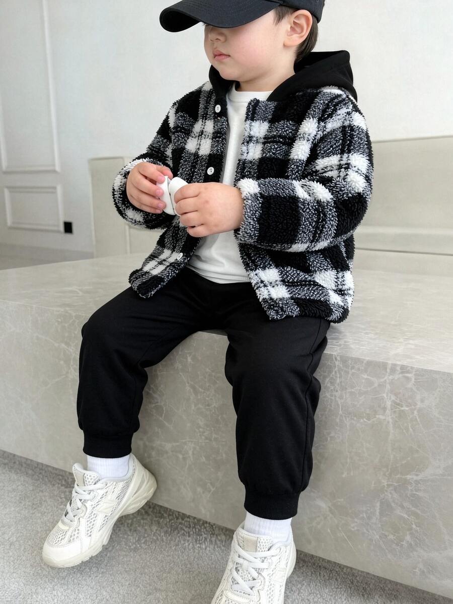 2 piezas/Set Chaqueta con capucha de manga larga de felpa a cuadros & Pantalones de chándal para niños, Tela suave & cómoda, & Estilo versátil, Adecuado para ropa de calle, uso casual al aire libre, uso diario en primavera & otoño - Blanco y Negro - Ver 1