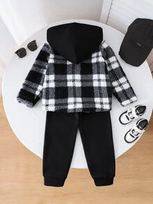 2 piezas/Set Chaqueta con capucha de manga larga de felpa a cuadros & Pantalones de chándal para niños, Tela suave & cómoda, & Estilo versátil, Adecuado para ropa de calle, uso casual al aire libre, uso diario en primavera & otoño - Blanco y Negro - Ver 2
