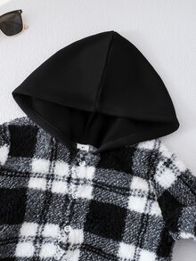 2 piezas/Set Chaqueta con capucha de manga larga de felpa a cuadros & Pantalones de chándal para niños, Tela suave & cómoda, & Estilo versátil, Adecuado para ropa de calle, uso casual al aire libre, uso diario en primavera & otoño - Blanco y Negro - Ver 7
