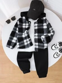 2 piezas/Set Chaqueta con capucha de manga larga de felpa a cuadros & Pantalones de chándal para niños, Tela suave & cómoda, & Estilo versátil, Adecuado para ropa de calle, uso casual al aire libre, uso diario en primavera & otoño - Blanco y Negro - Ver 5