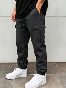 Manfinity CasualCool Men's Dark Gray Cargo Jogger Pants, Elastic Cuffed Hem, Cargo Pockets, Casual Everyday Wear - Dark Grey - View 1