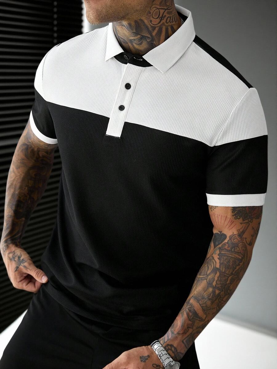 SLATEMANN Men's Casual Contrast Color Button Half-Placket Short Sleeve Polo Shirt - Black - View 1