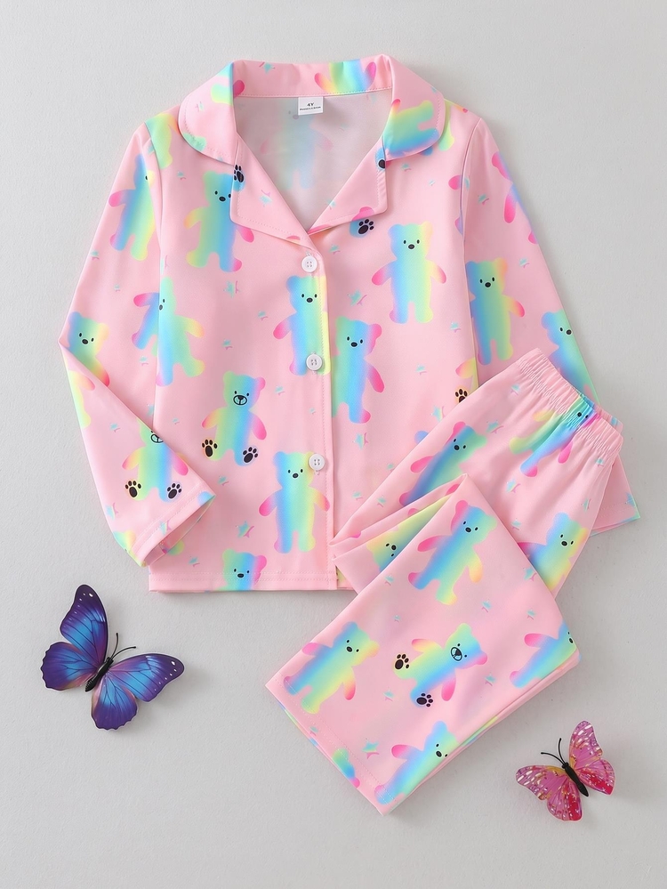 SHEIN Girls Neon Bear Print Pajama Set, Long Sleeve Top & Pants, Warm Fall Winter Casual Sleepwear Outfit - Baby Pink - View 3