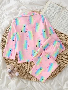 SHEIN 女童霓虹熊圖案睡衣套裝，長袖上衣與長褲，保暖秋冬休閒居家睡衣套裝 - 淺粉色 - 查看 2
