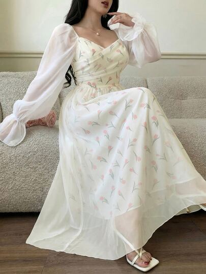 Feyla Gaun Elegan Lengan Panjang Bermotif Bunga dengan Leher Bentuk Hati untuk Wanita Ukuran Plus